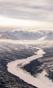 Preview wallpaper valley, river, snow, mountains, clouds, winter