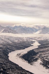 Preview wallpaper valley, river, snow, mountains, clouds, winter