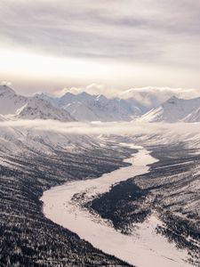 Preview wallpaper valley, river, snow, mountains, clouds, winter