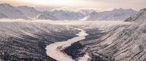 Preview wallpaper valley, river, snow, mountains, clouds, winter