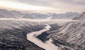 Preview wallpaper valley, river, snow, mountains, clouds, winter