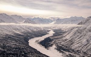 Preview wallpaper valley, river, snow, mountains, clouds, winter