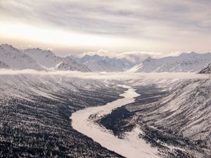 Preview wallpaper valley, river, snow, mountains, clouds, winter