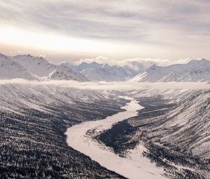 Preview wallpaper valley, river, snow, mountains, clouds, winter