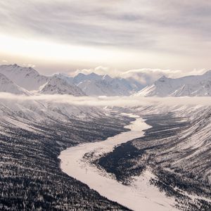 Preview wallpaper valley, river, snow, mountains, clouds, winter