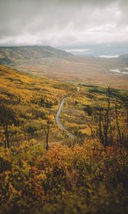 Preview wallpaper valley, road, aerial  view, forest, mountains