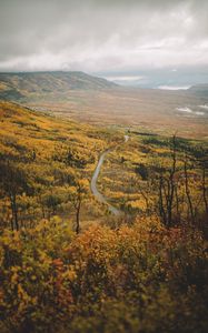 Preview wallpaper valley, road, aerial  view, forest, mountains