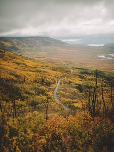 Preview wallpaper valley, road, aerial  view, forest, mountains