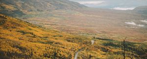 Preview wallpaper valley, road, aerial  view, forest, mountains