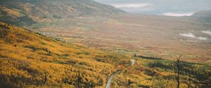 Preview wallpaper valley, road, aerial  view, forest, mountains