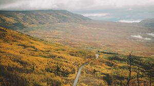 Preview wallpaper valley, road, aerial  view, forest, mountains