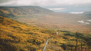 Preview wallpaper valley, road, aerial  view, forest, mountains