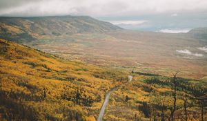 Preview wallpaper valley, road, aerial  view, forest, mountains