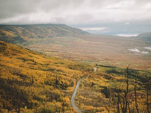 Preview wallpaper valley, road, aerial  view, forest, mountains