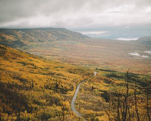 Preview wallpaper valley, road, aerial  view, forest, mountains