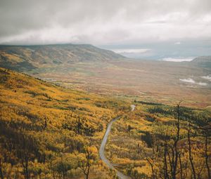 Preview wallpaper valley, road, aerial  view, forest, mountains