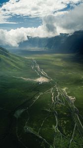 Preview wallpaper valley, road, aerial view, hills, clouds, landscape