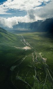 Preview wallpaper valley, road, aerial view, hills, clouds, landscape