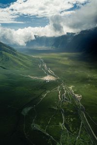 Preview wallpaper valley, road, aerial view, hills, clouds, landscape