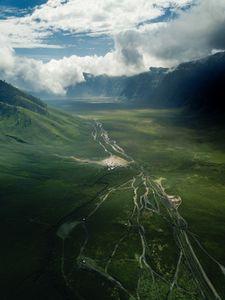 Preview wallpaper valley, road, aerial view, hills, clouds, landscape