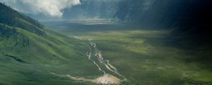 Preview wallpaper valley, road, aerial view, hills, clouds, landscape