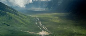 Preview wallpaper valley, road, aerial view, hills, clouds, landscape