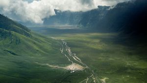 Preview wallpaper valley, road, aerial view, hills, clouds, landscape