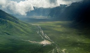 Preview wallpaper valley, road, aerial view, hills, clouds, landscape