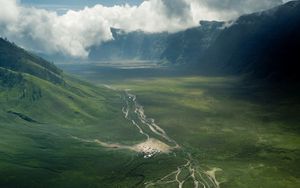 Preview wallpaper valley, road, aerial view, hills, clouds, landscape