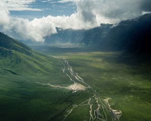 Preview wallpaper valley, road, aerial view, hills, clouds, landscape