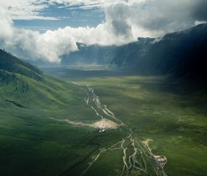 Preview wallpaper valley, road, aerial view, hills, clouds, landscape