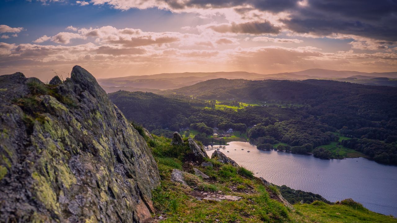 Wallpaper valley, rocks, hills, lake