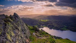 Preview wallpaper valley, rocks, hills, lake