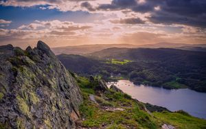 Preview wallpaper valley, rocks, hills, lake