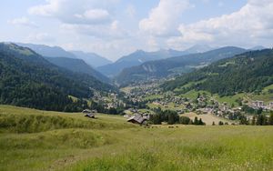 Preview wallpaper valley, slope, nature, houses, mountains