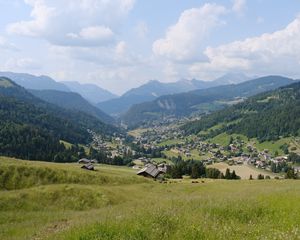 Preview wallpaper valley, slope, nature, houses, mountains