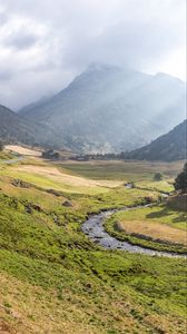 Preview wallpaper valley, stream, mountain, clouds, grass