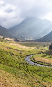 Preview wallpaper valley, stream, mountain, clouds, grass