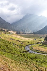 Preview wallpaper valley, stream, mountain, clouds, grass