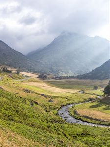 Preview wallpaper valley, stream, mountain, clouds, grass