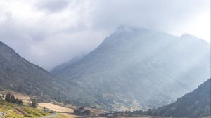 Preview wallpaper valley, stream, mountain, clouds, grass