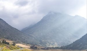 Preview wallpaper valley, stream, mountain, clouds, grass