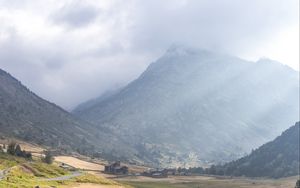 Preview wallpaper valley, stream, mountain, clouds, grass