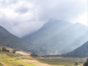 Preview wallpaper valley, stream, mountain, clouds, grass