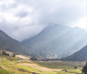 Preview wallpaper valley, stream, mountain, clouds, grass