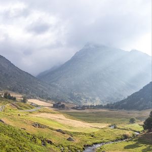 Preview wallpaper valley, stream, mountain, clouds, grass