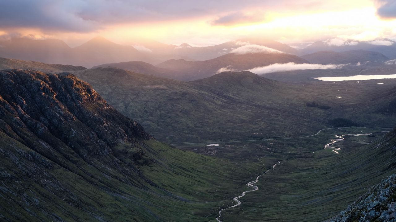 Wallpaper valley, stream, mountains, slopes, clouds