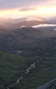 Preview wallpaper valley, stream, mountains, slopes, clouds