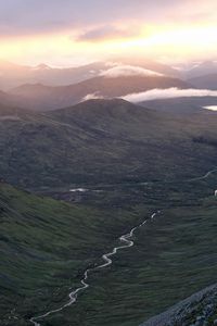 Preview wallpaper valley, stream, mountains, slopes, clouds