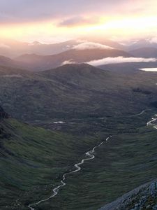 Preview wallpaper valley, stream, mountains, slopes, clouds